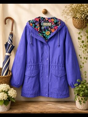 Vintage Lady Foot Locker Blue Hooded Rain Jacket Floral Lined Large
